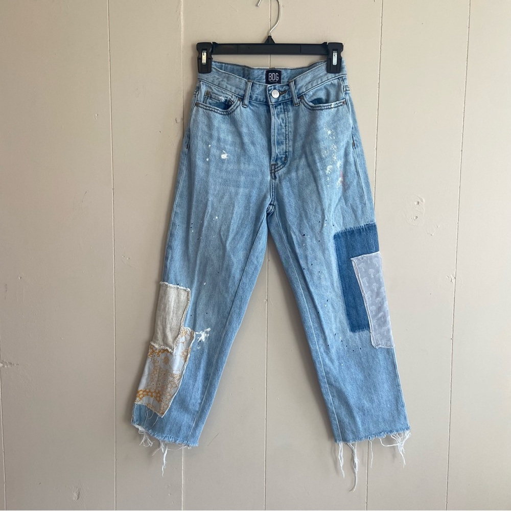 BDG Blue Jeans Raw Hem Patchwork Size 24 High Rise Slim Straight